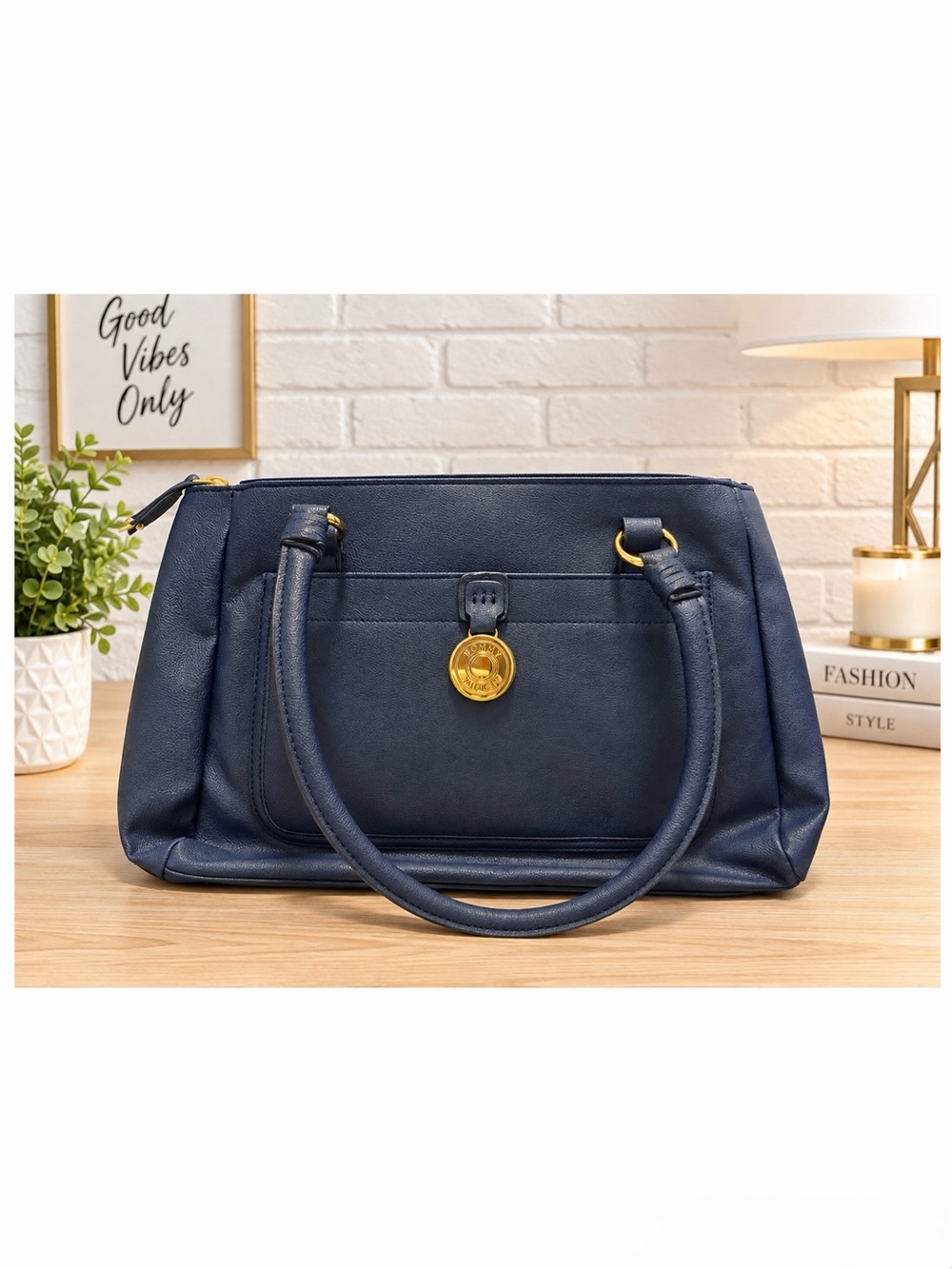 Tommy Hilfiger Navy Leather Satchel with Gold Emblem